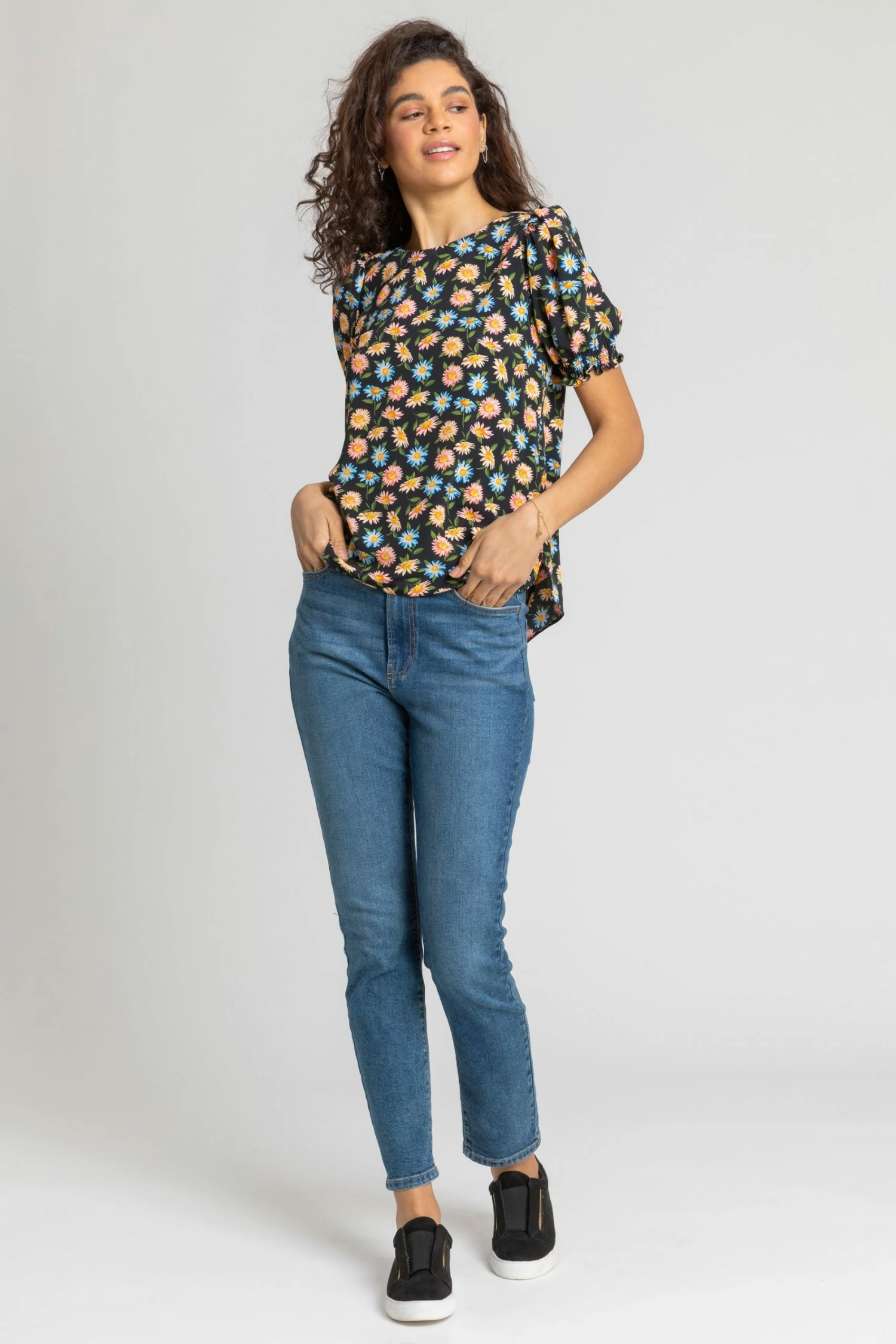 Roman Black Floral Puff Sleeve Zip Detail Top 4 Roman Black Floral Puff Sleeve Zip Detail Top - Image 2