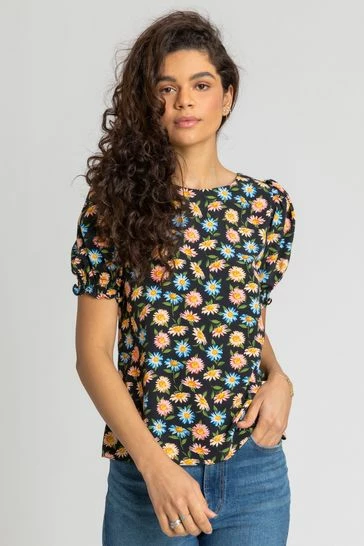 Roman Black Floral Puff Sleeve Zip Detail Top 7 Roman Black Floral Puff Sleeve Zip Detail Top - Image 5