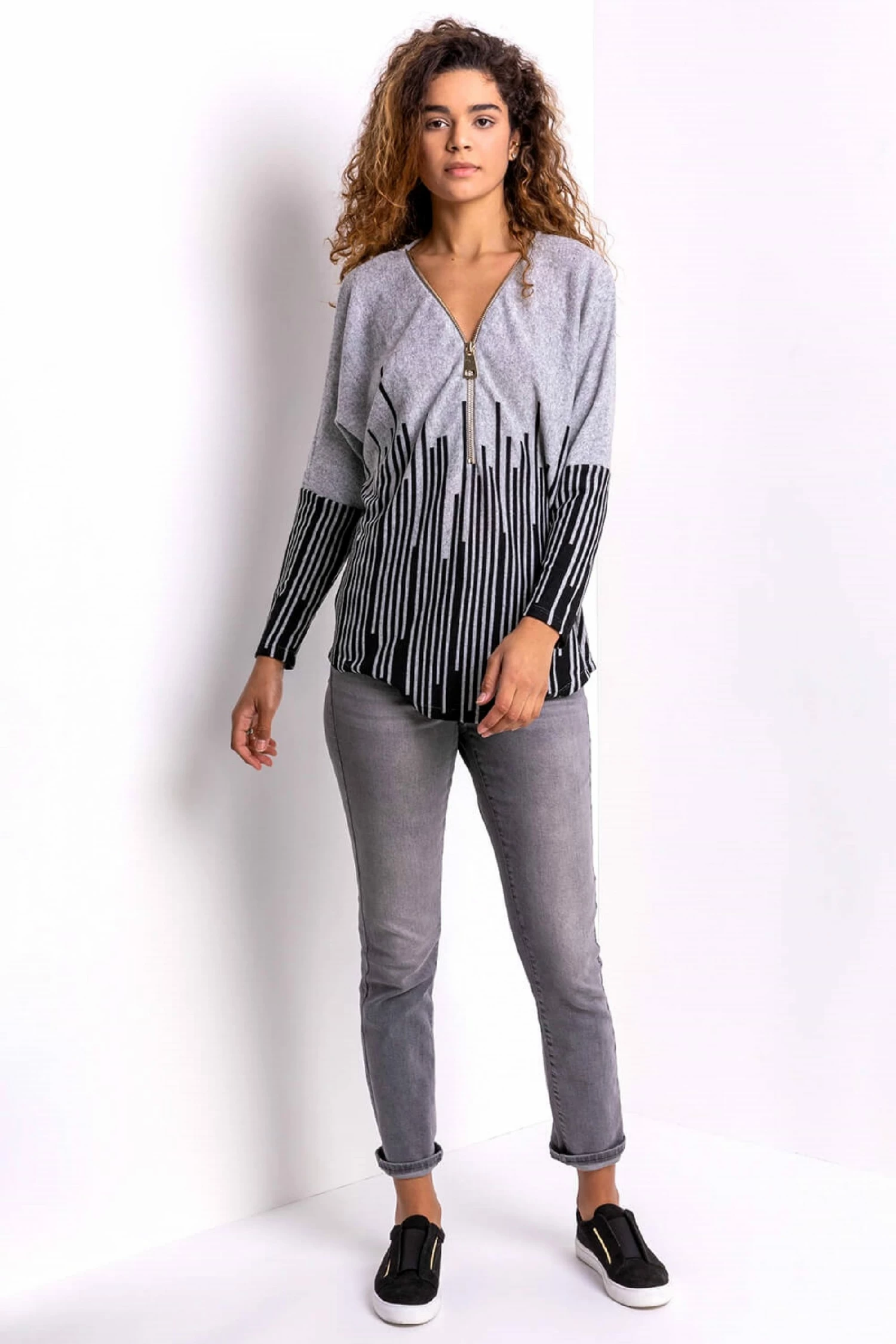 Roman Grey Line Border Print Zip Detail Top 4 Roman Grey Line Border Print Zip Detail Top - Image 2