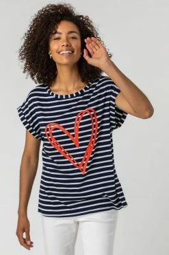 Roman Blue Stripe Print Heart T-Shirt