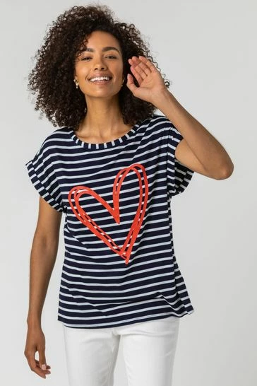 Roman Blue Stripe Print Heart T-Shirt 7 Roman Blue Stripe Print Heart T-Shirt - Image 5