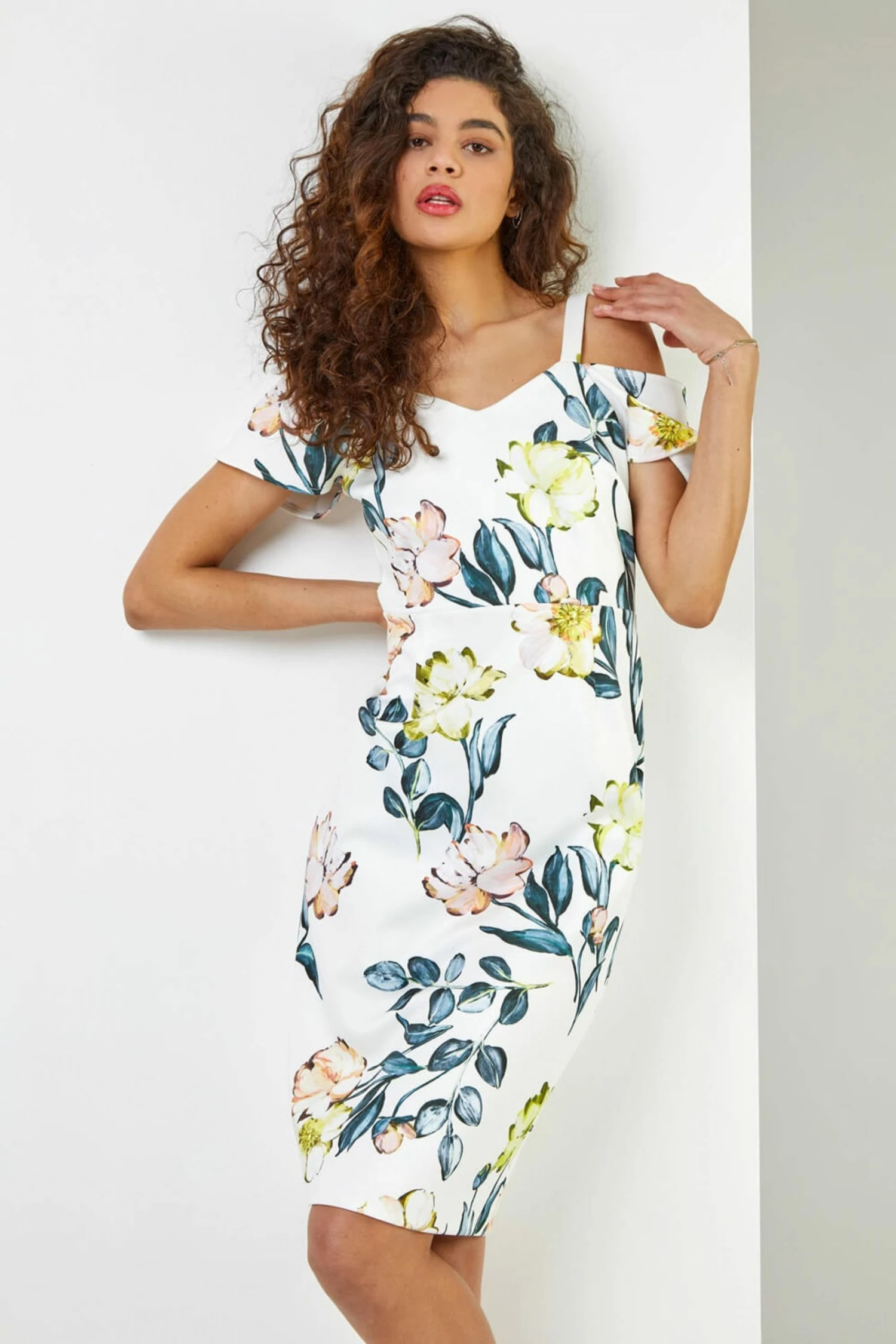Roman Ivory Floral Cold Shoulder Scuba Dress 3 Roman Ivory Floral Cold Shoulder Scuba Dress