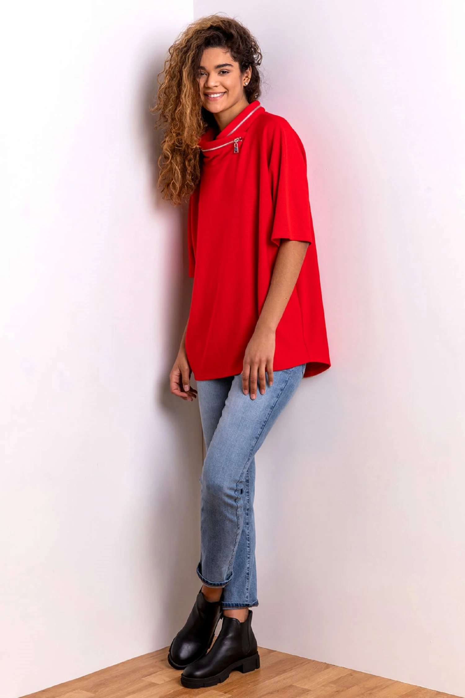 Roman Red Zip Detail Ribbed Cowl Neck Top 5 Roman Red Zip Detail Ribbed Cowl Neck Top - Image 3