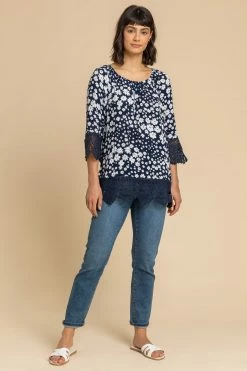 Roman Blue Floral Print Lace Trim Top -Roman Sales Shop unnamed file 10035