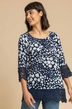 Roman Blue Floral Print Lace Trim Top -Roman Sales Shop unnamed file 10037