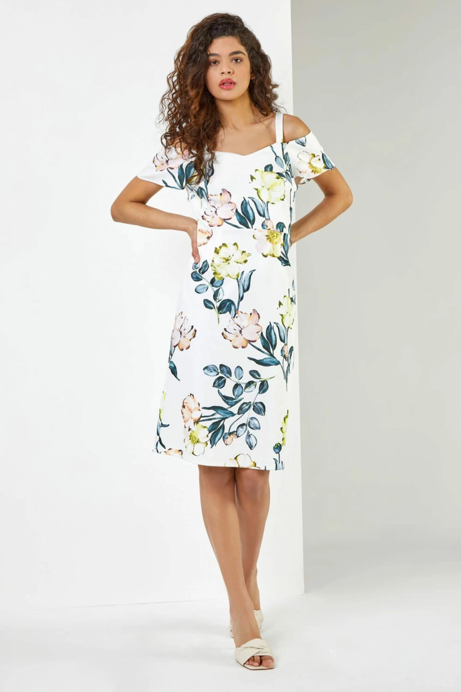 Roman Ivory Floral Cold Shoulder Scuba Dress 5 Roman Ivory Floral Cold Shoulder Scuba Dress - Image 3