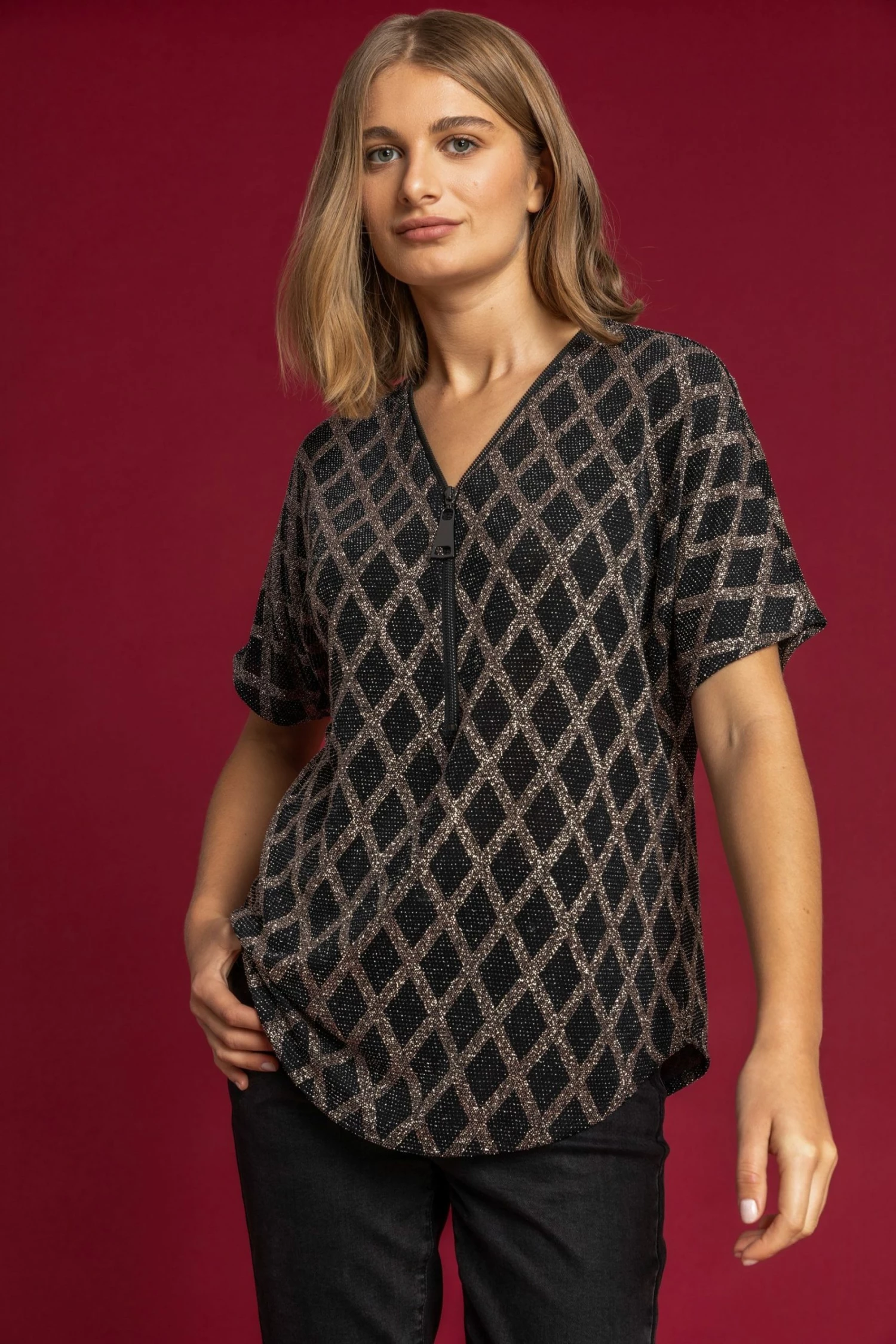 Roman Brown Glitter Check Print Zip Top 3 Roman Brown Glitter Check Print Zip Top