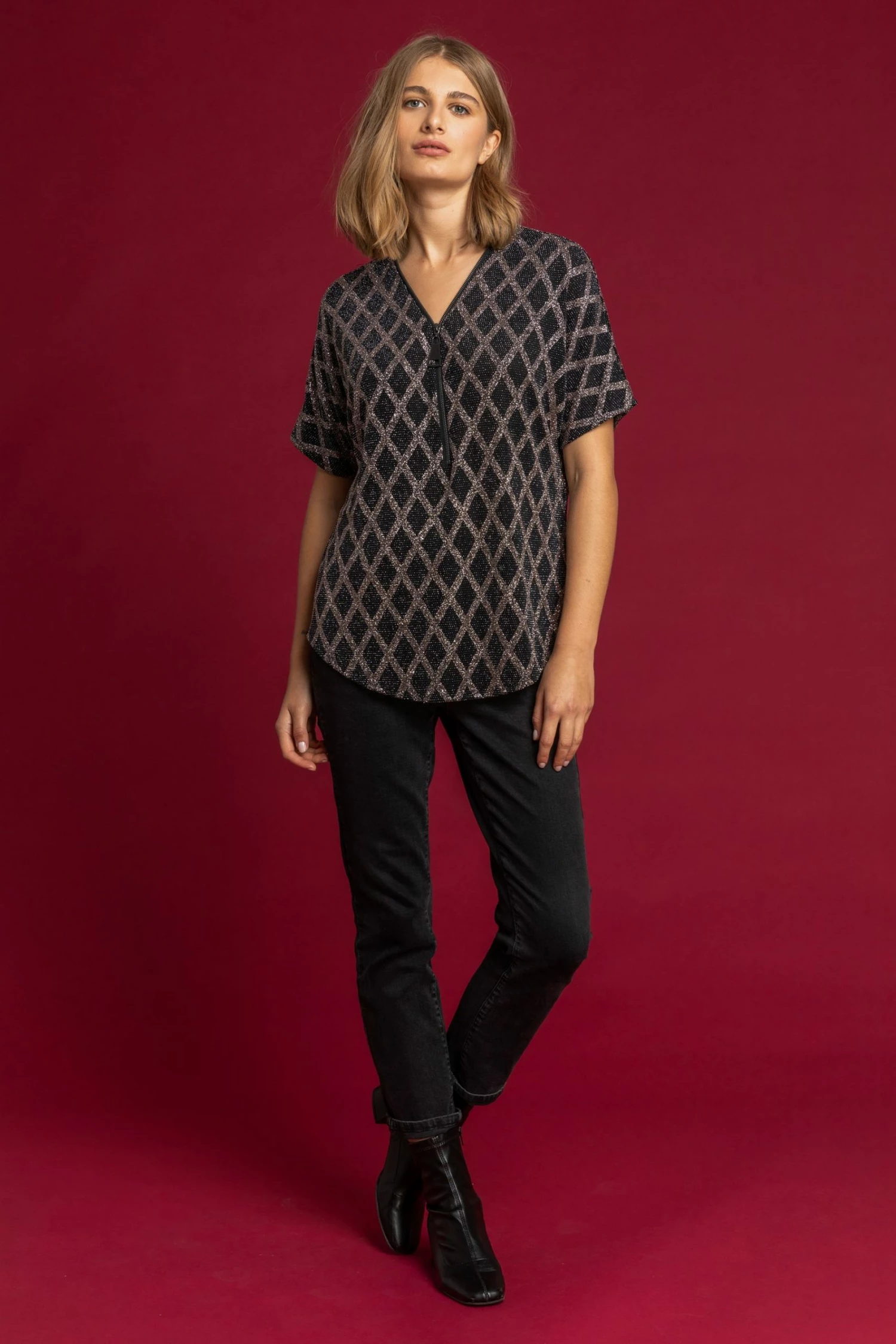 Roman Brown Glitter Check Print Zip Top 5 Roman Brown Glitter Check Print Zip Top - Image 3