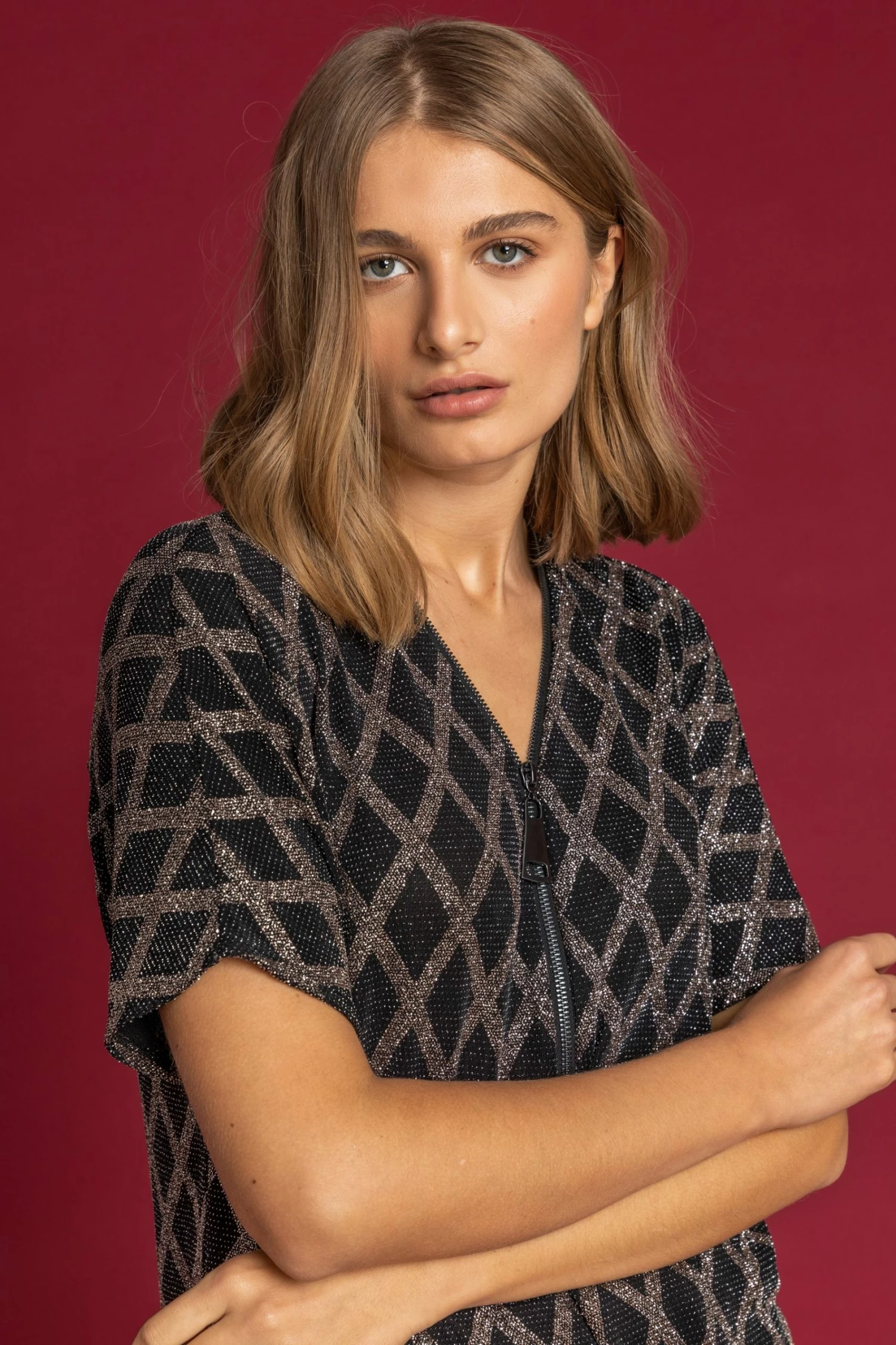 Roman Brown Glitter Check Print Zip Top 6 Roman Brown Glitter Check Print Zip Top - Image 4