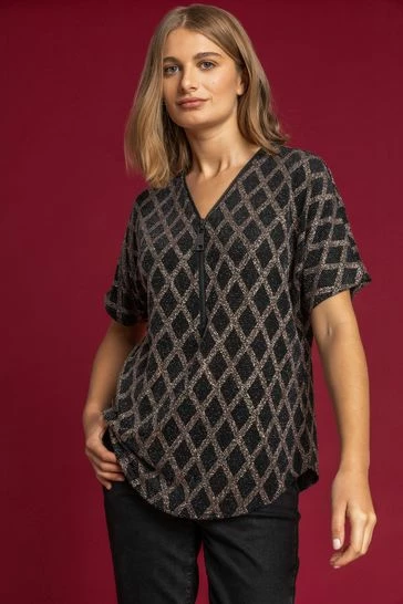 Roman Brown Glitter Check Print Zip Top 7 Roman Brown Glitter Check Print Zip Top - Image 5