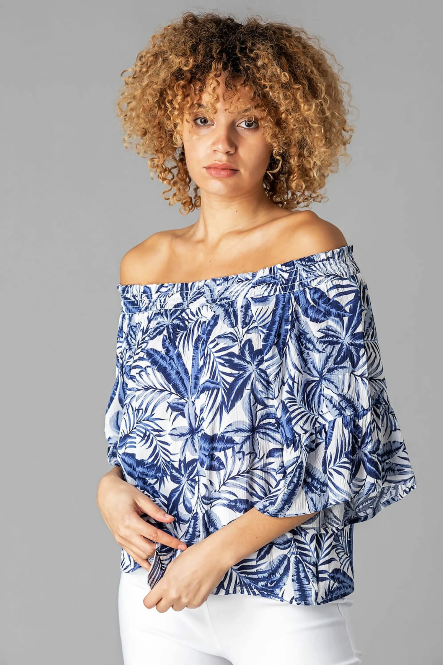 Roman Blue Palm Leaf Print Bardot Top 3 Roman Blue Palm Leaf Print Bardot Top