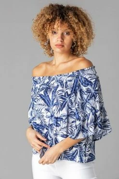 Roman Blue Palm Leaf Print Bardot Top 11 Roman Blue Palm Leaf Print Bardot Top -Roman Sales Shop unnamed file 10079