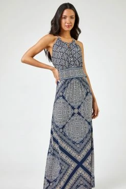 Roman Blue Geo Print Halterneck Maxi Dress