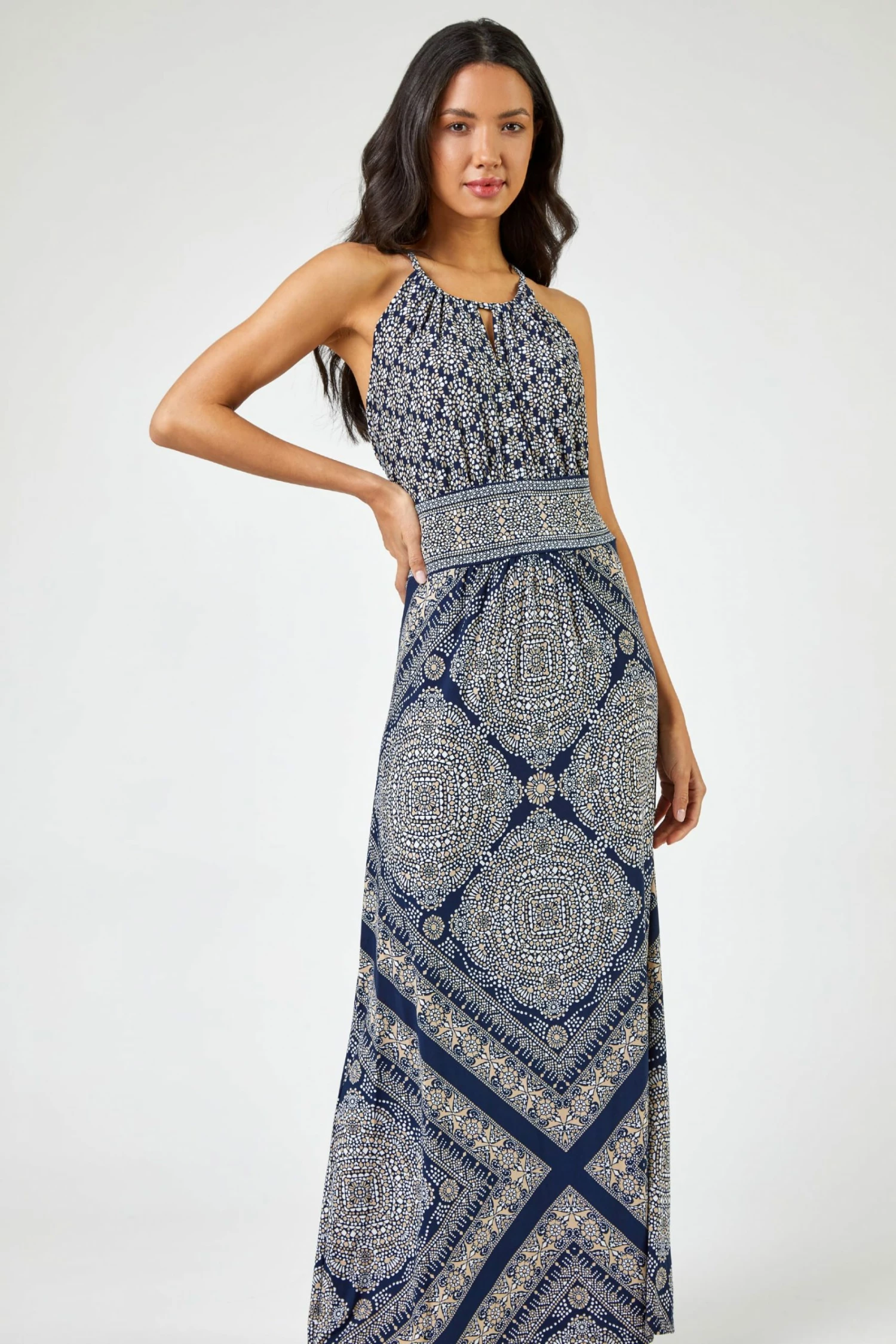 Roman Blue Geo Print Halterneck Maxi Dress 3 Roman Blue Geo Print Halterneck Maxi Dress