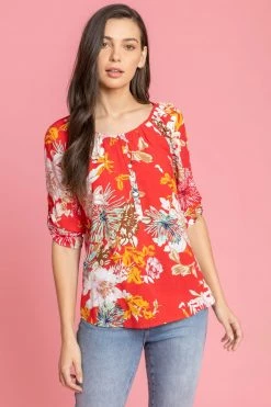 Roman Red Bold Floral Print Button Top