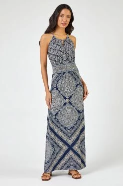 Roman Blue Geo Print Halterneck Maxi Dress 10 Roman Blue Geo Print Halterneck Maxi Dress -Roman Sales Shop unnamed file 1010