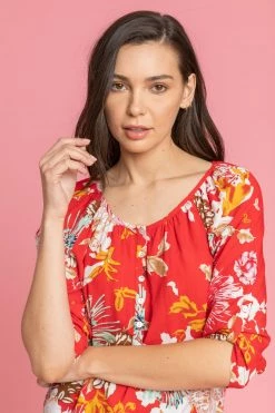 Roman Red Bold Floral Print Button Top -Roman Sales Shop unnamed file 10101