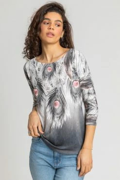 Roman Grey Feather Border Print Top