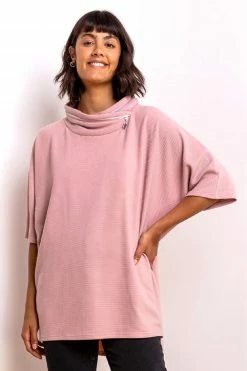 Roman Pink Zip Detail Ribbed Cowl Neck Top