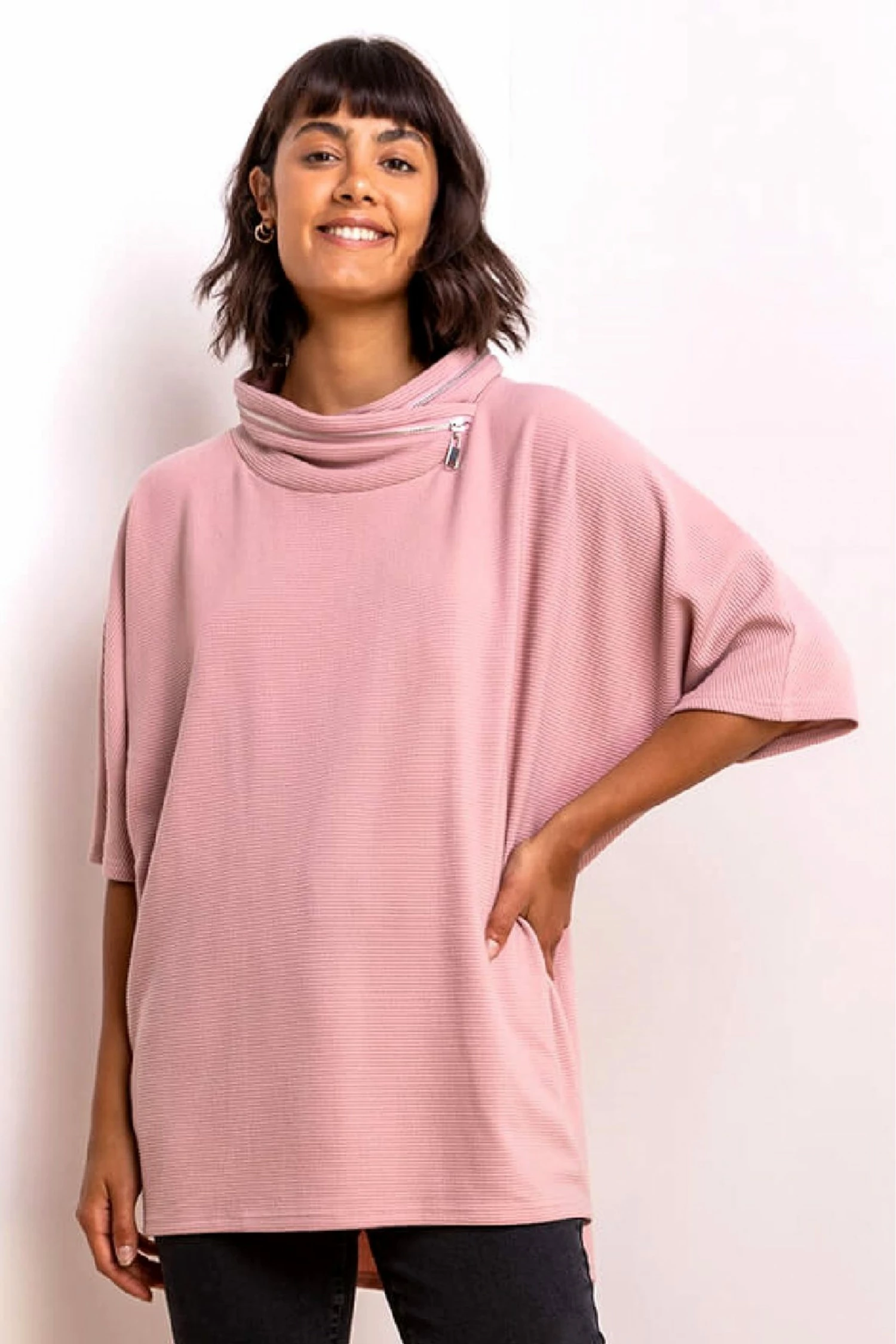 Roman Pink Zip Detail Ribbed Cowl Neck Top 3 Roman Pink Zip Detail Ribbed Cowl Neck Top