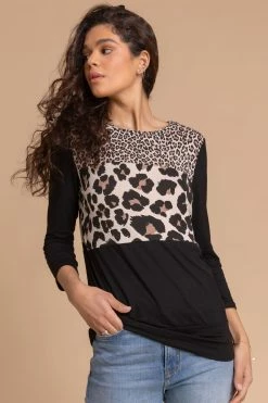 Roman Black Contrast Animal Print Blouson Top