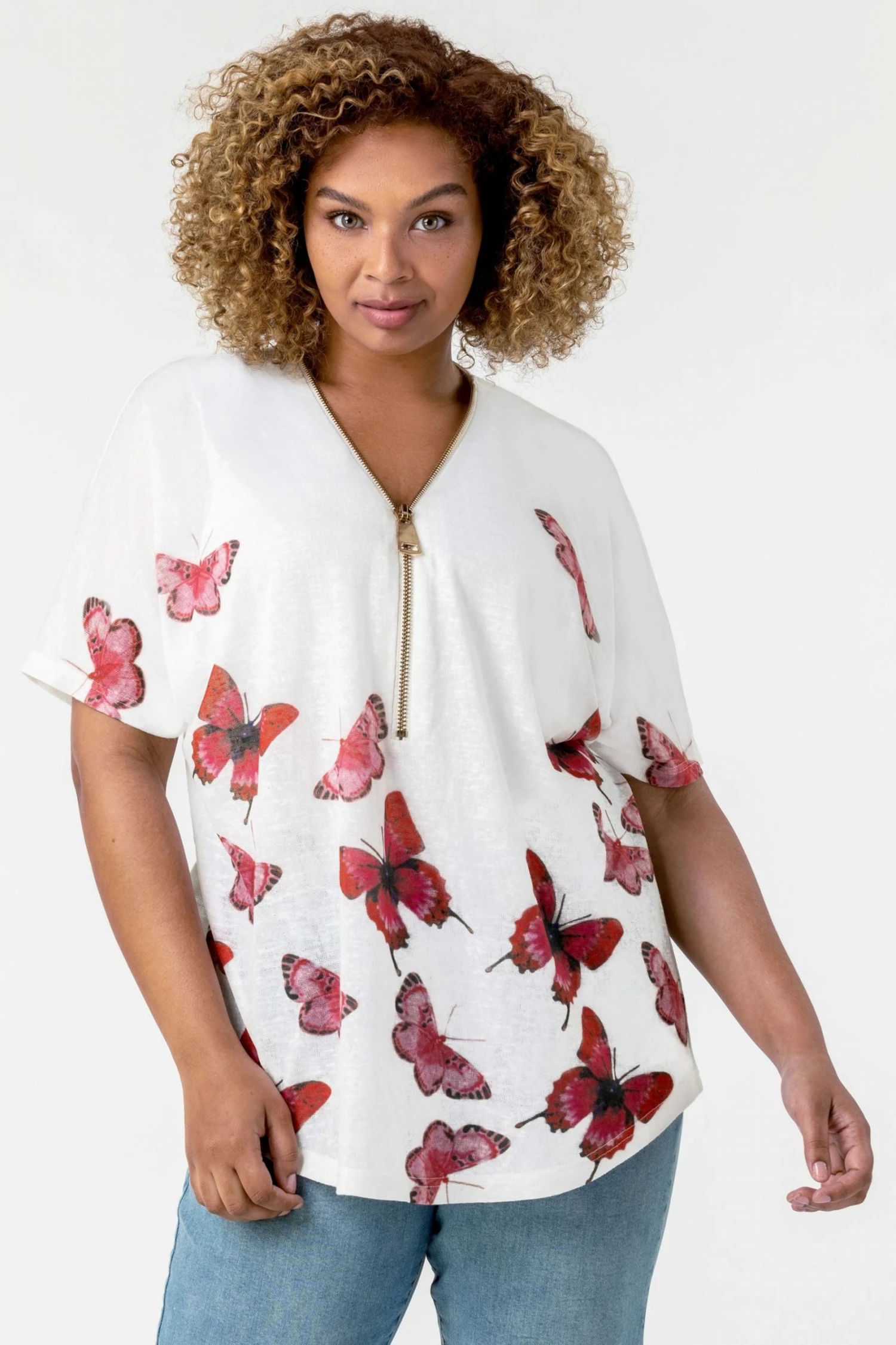 Roman White Curve Butterfly Print Zip Front T-Shirt 3 Roman White Curve Butterfly Print Zip Front T-Shirt