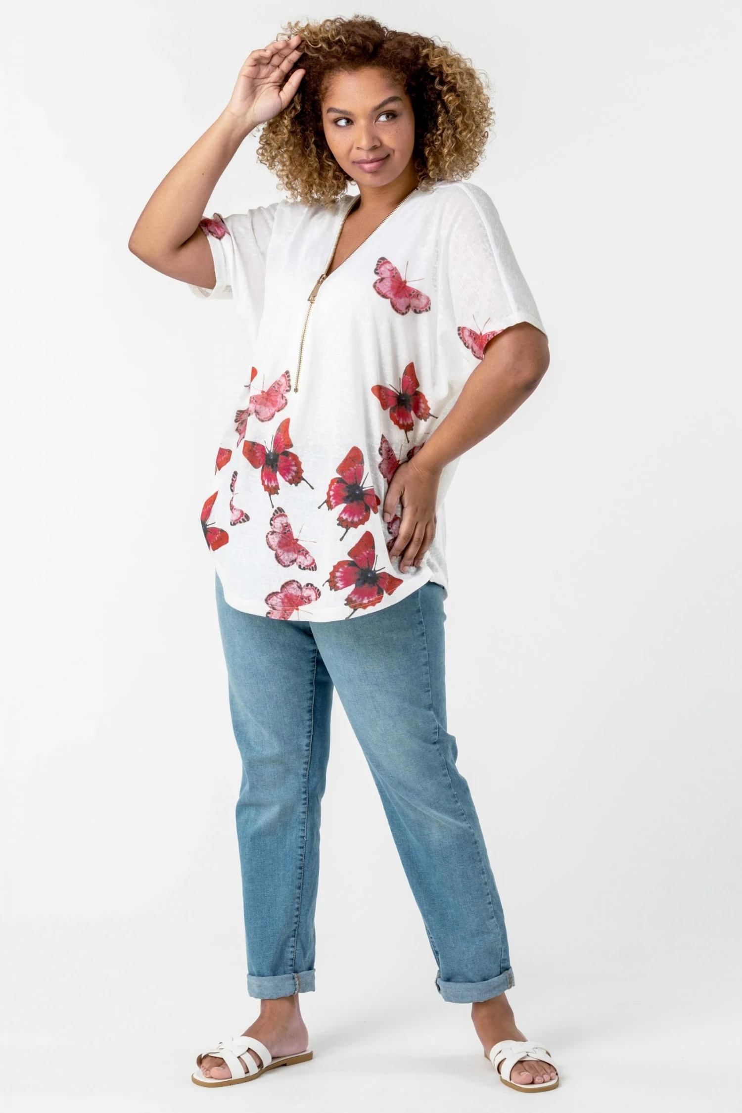 Roman White Curve Butterfly Print Zip Front T-Shirt 5 Roman White Curve Butterfly Print Zip Front T-Shirt - Image 3