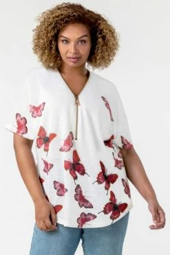 Roman White Curve Butterfly Print Zip Front T-Shirt 11 Roman White Curve Butterfly Print Zip Front T-Shirt -Roman Sales Shop unnamed file 10172
