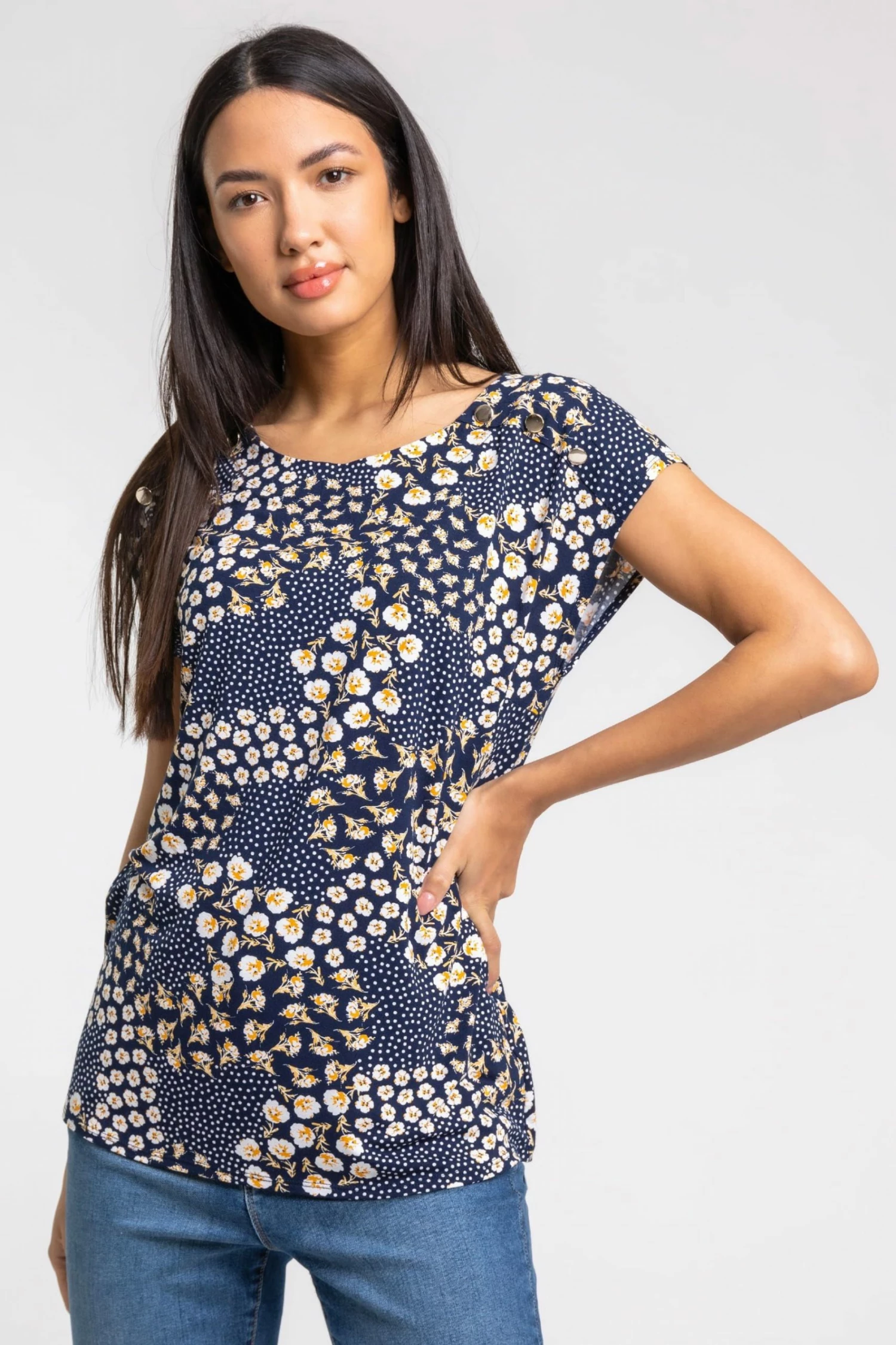 Roman Blue Floral Tile Print Button Detail Top 3 Roman Blue Floral Tile Print Button Detail Top