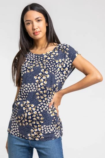 Roman Blue Floral Tile Print Button Detail Top 7 Roman Blue Floral Tile Print Button Detail Top - Image 5