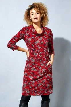 Roman Red Paisley Print Cowl Neck Dress