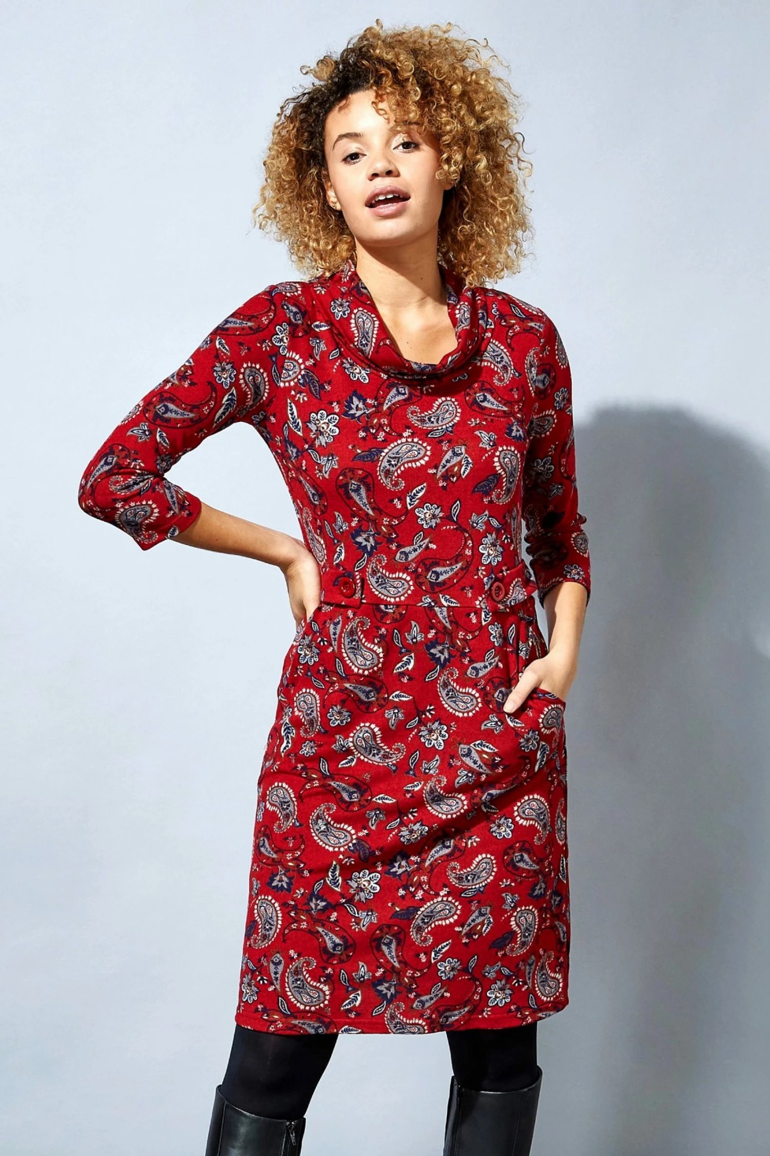 Roman Red Paisley Print Cowl Neck Dress 3 Roman Red Paisley Print Cowl Neck Dress