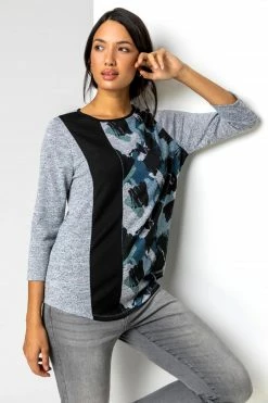 Roman Blue Abstract Print Colourblock Top
