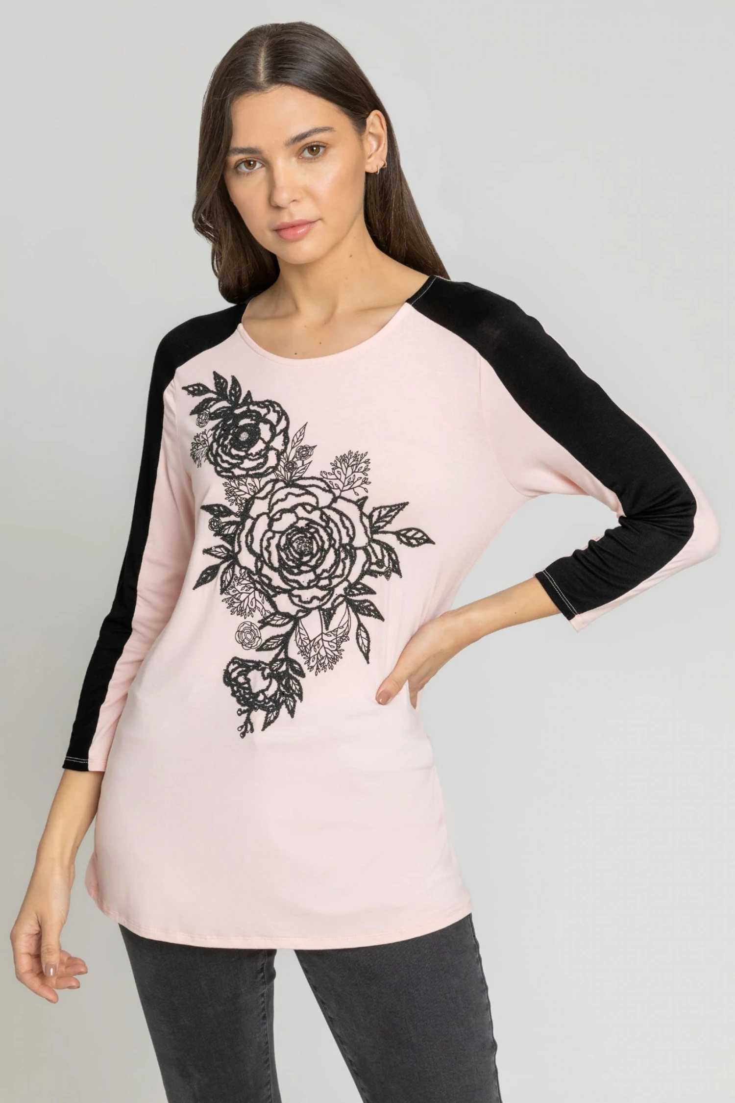 Roman Pink Floral Embellished Contrast Print Top 3 Roman Pink Floral Embellished Contrast Print Top