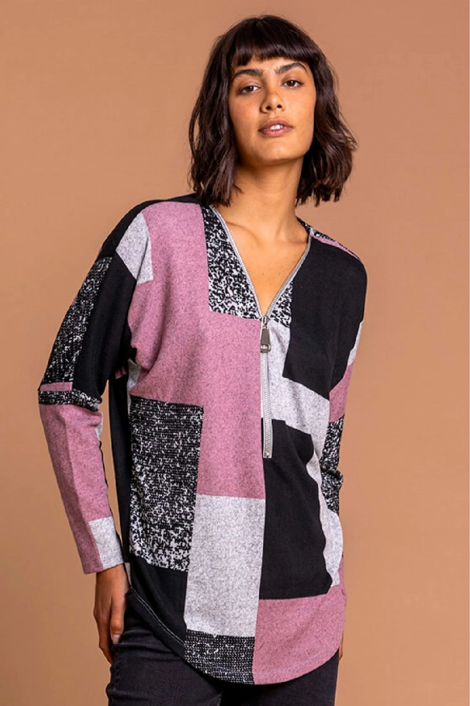 Roman Pink Colour Block Zip Detail T-Shirt 3 Roman Pink Colour Block Zip Detail T-Shirt