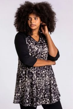 Roman Black Curve Animal Print Zip Detail Top