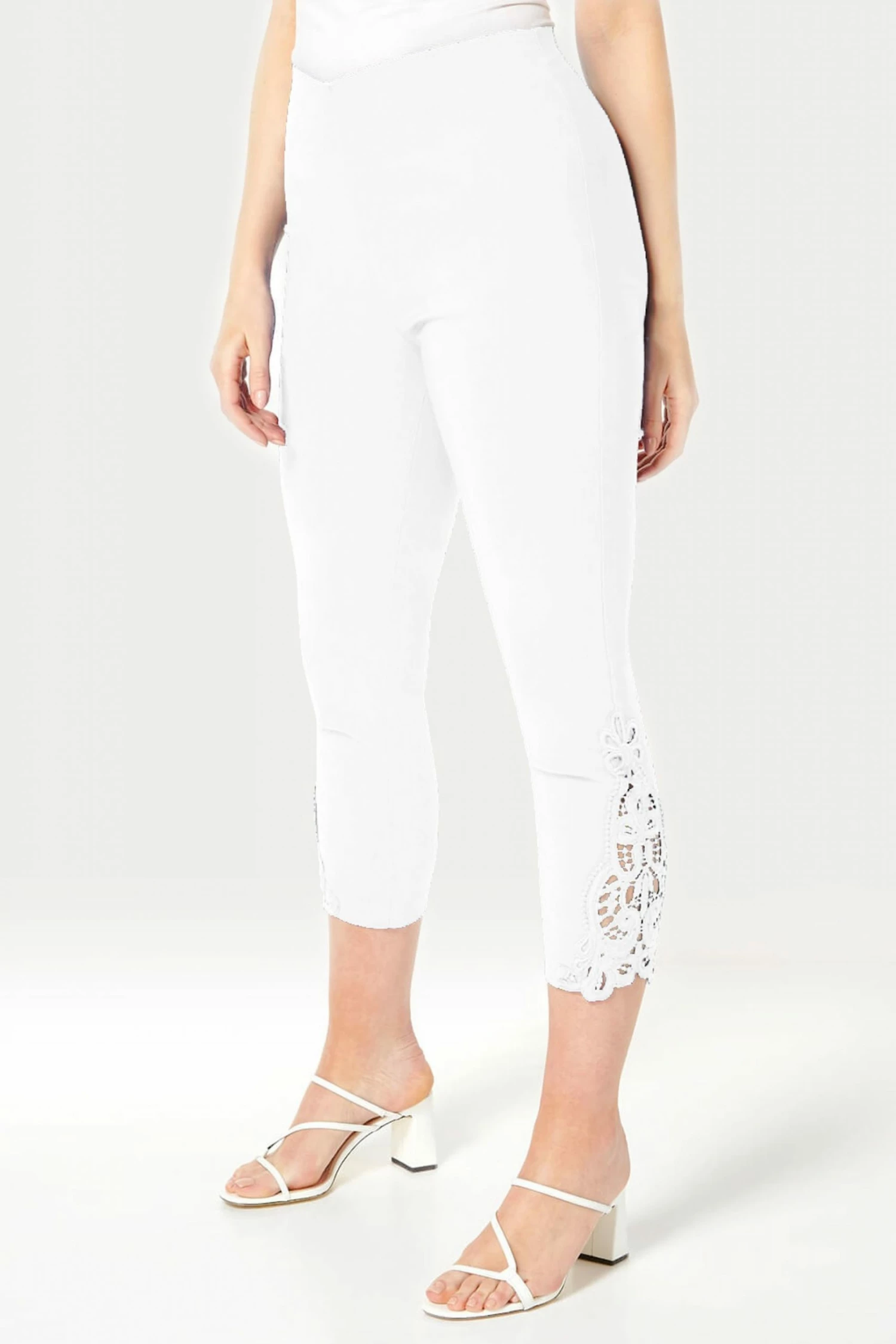 Roman White Lace Insert Crop Stretch Trousers 3 Roman White Lace Insert Crop Stretch Trousers