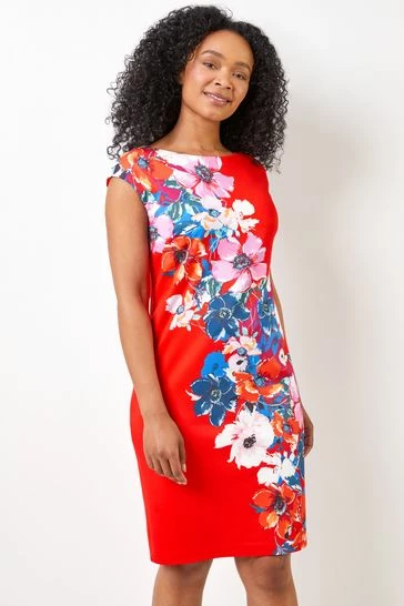Roman Red Petite Floral Placement Print Scuba Dress 7 Roman Red Petite Floral Placement Print Scuba Dress - Image 5