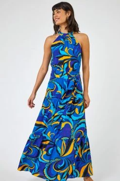 Roman Blue Abstract Halterneck Tiered Maxi Dress