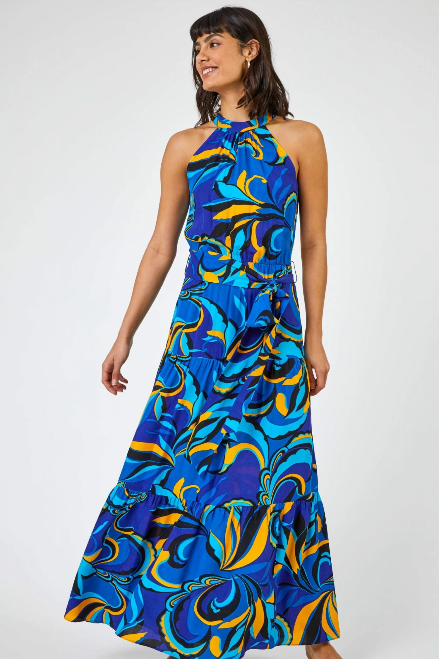 Roman Blue Abstract Halterneck Tiered Maxi Dress 3 Roman Blue Abstract Halterneck Tiered Maxi Dress