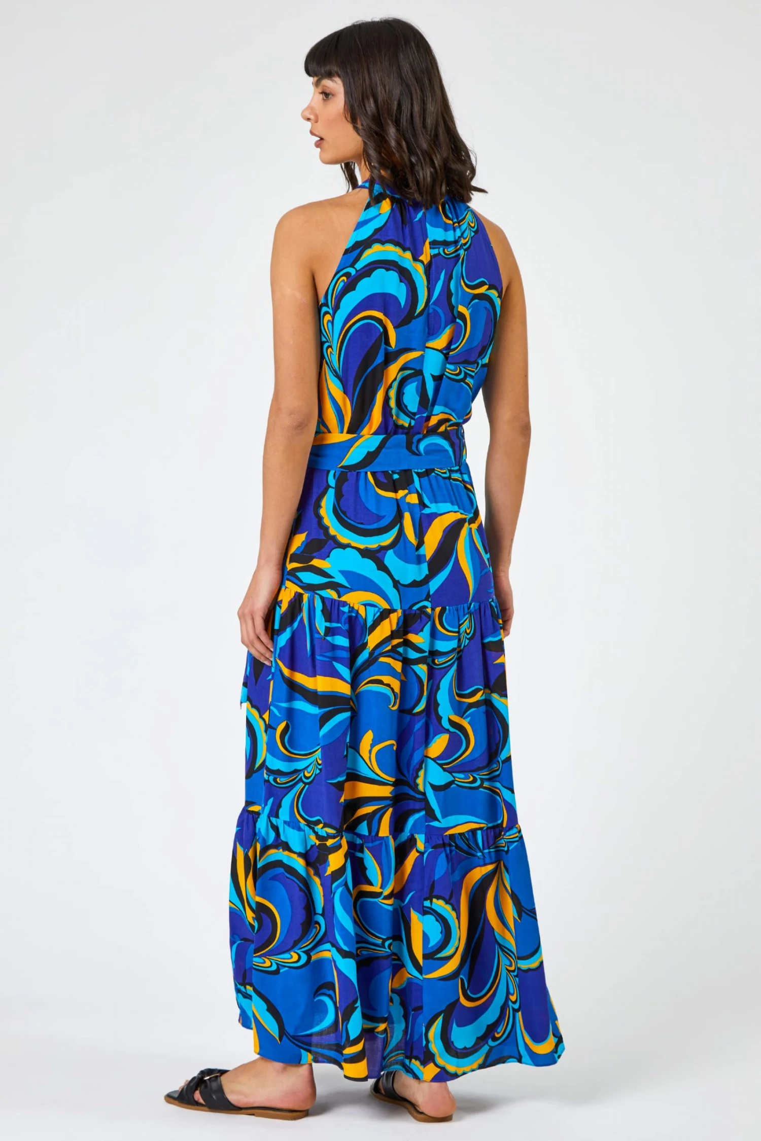 Roman Blue Abstract Halterneck Tiered Maxi Dress 4 Roman Blue Abstract Halterneck Tiered Maxi Dress - Image 2