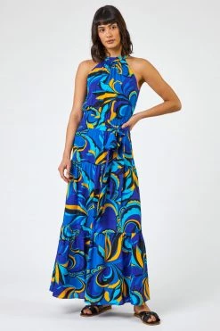 Roman Blue Abstract Halterneck Tiered Maxi Dress 10 Roman Blue Abstract Halterneck Tiered Maxi Dress -Roman Sales Shop unnamed file 1041