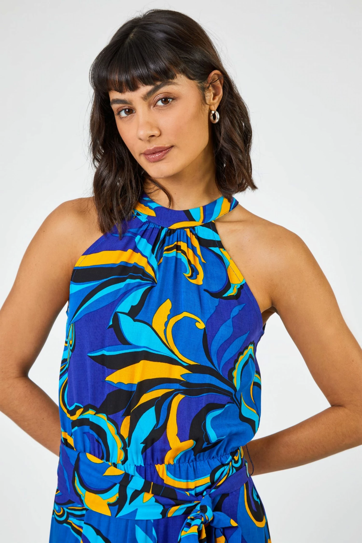 Roman Blue Abstract Halterneck Tiered Maxi Dress 6 Roman Blue Abstract Halterneck Tiered Maxi Dress - Image 4