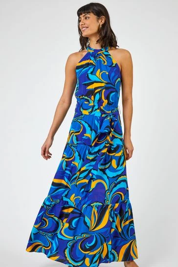 Roman Blue Abstract Halterneck Tiered Maxi Dress 8 Roman Blue Abstract Halterneck Tiered Maxi Dress - Image 6