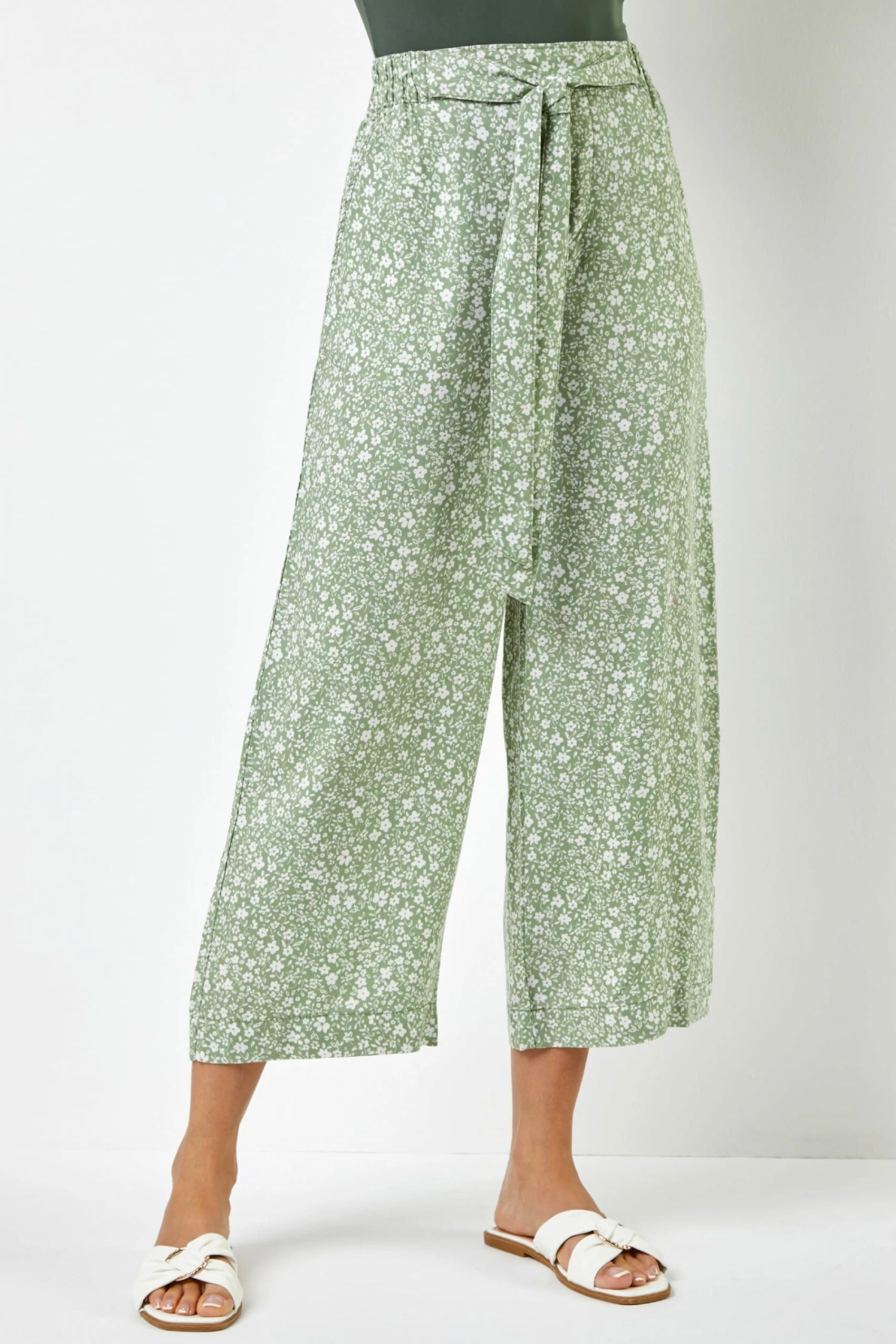 Roman Green Ditsy Floral Print Waist Tie Culottes 3 Roman Green Ditsy Floral Print Waist Tie Culottes