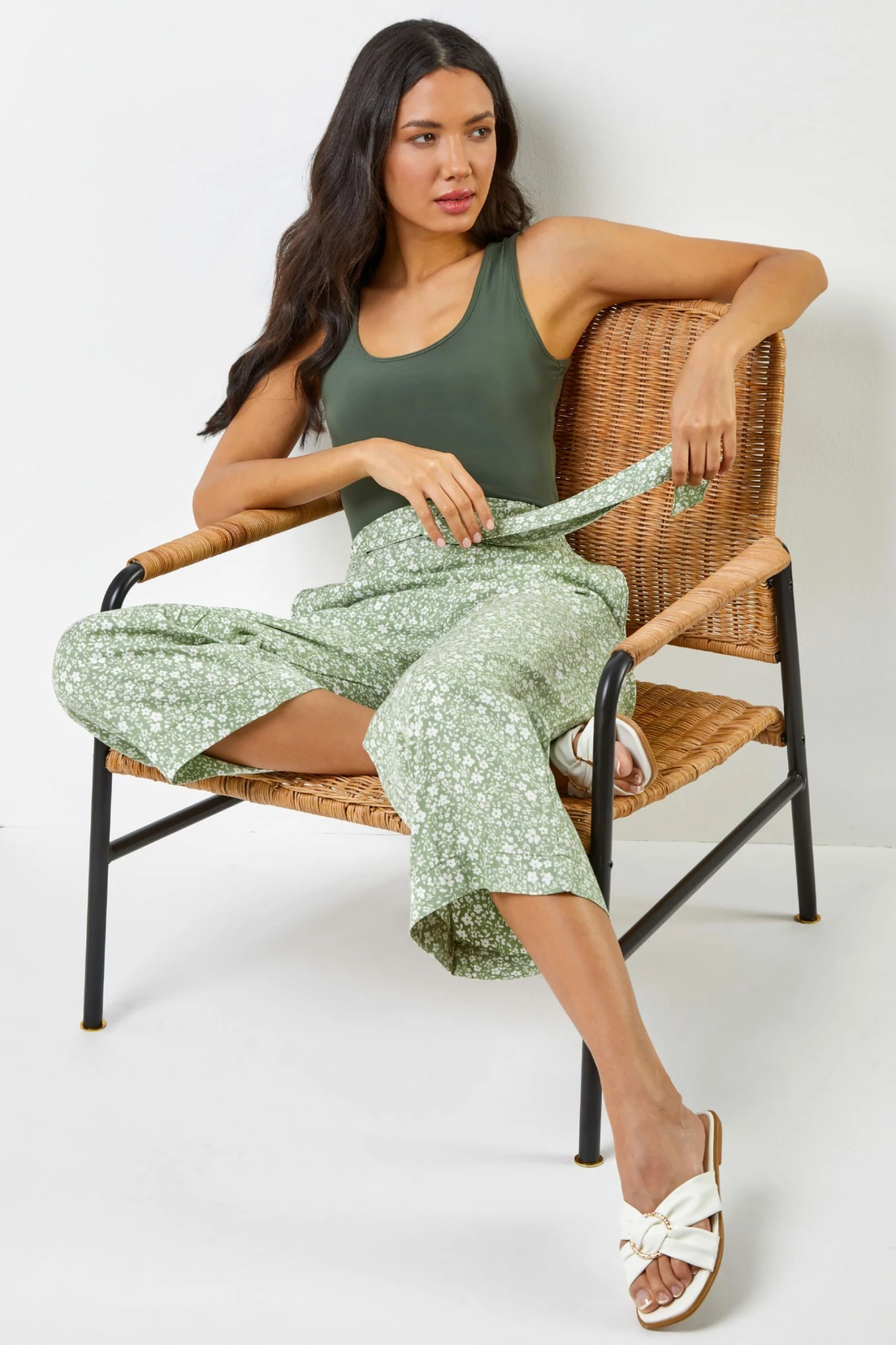 Roman Green Ditsy Floral Print Waist Tie Culottes 6 Roman Green Ditsy Floral Print Waist Tie Culottes - Image 4