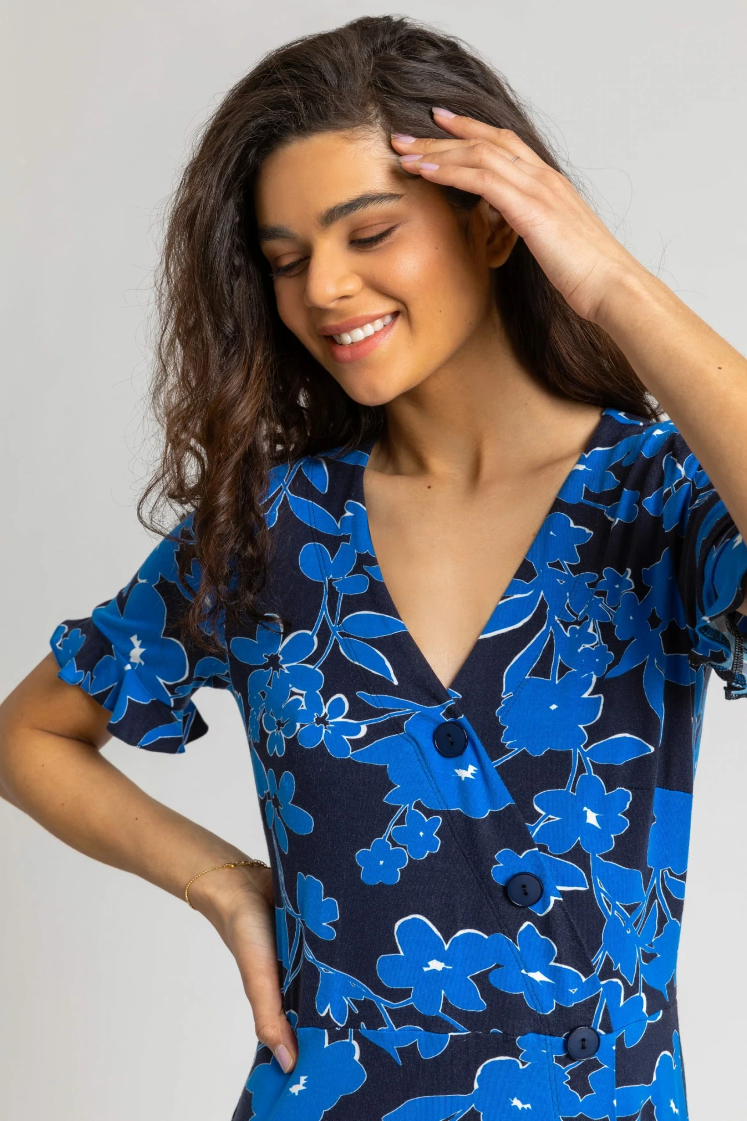 Roman Blue Floral Side Button Tea Dress 6 Roman Blue Floral Side Button Tea Dress - Image 4