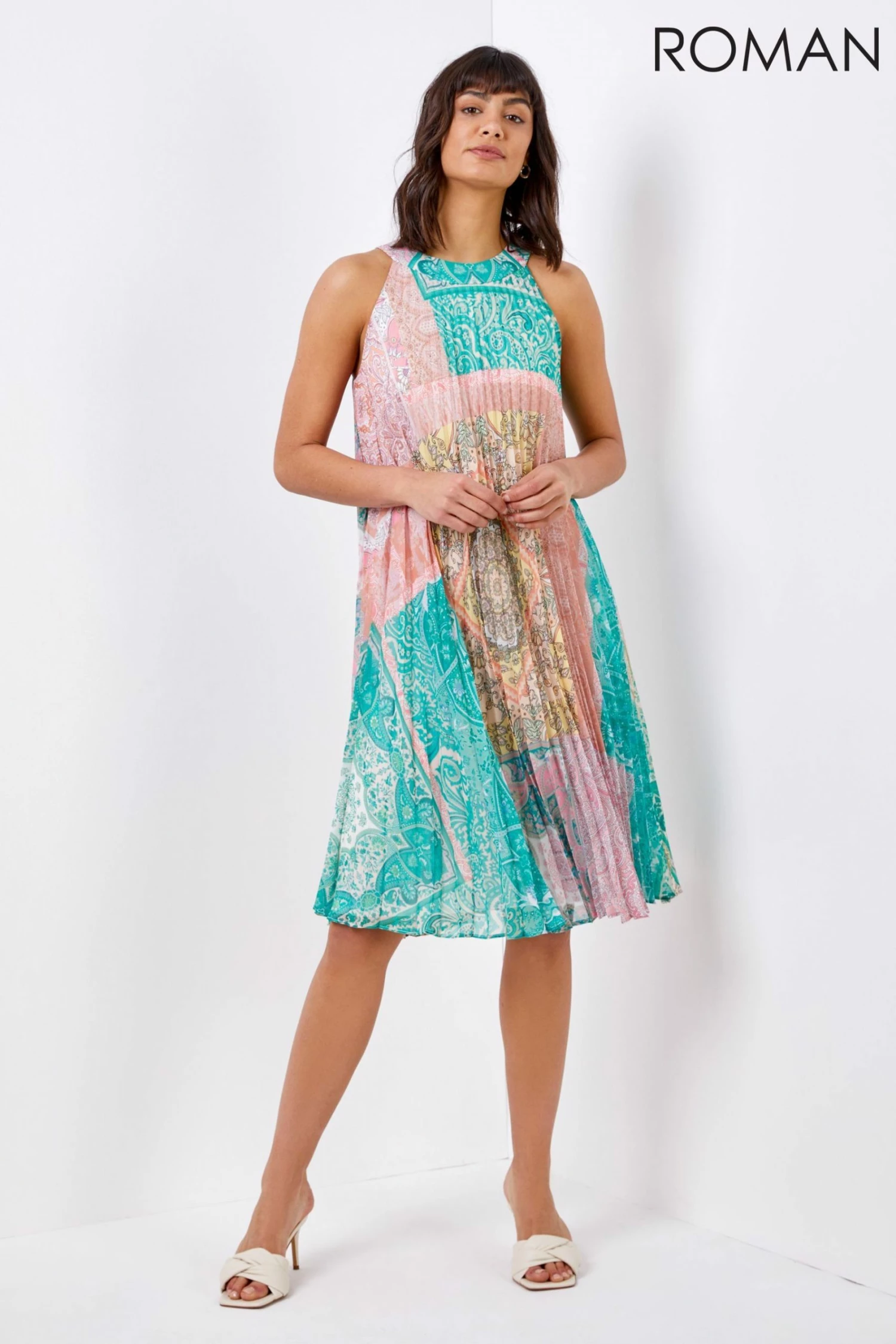 Roman Pink High Neck Paisley Pleated Swing Dress 4 Roman Pink High Neck Paisley Pleated Swing Dress - Image 2