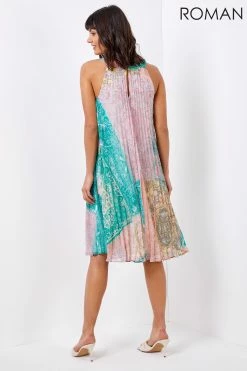 Roman Pink High Neck Paisley Pleated Swing Dress 10 Roman Pink High Neck Paisley Pleated Swing Dress -Roman Sales Shop unnamed file 1062