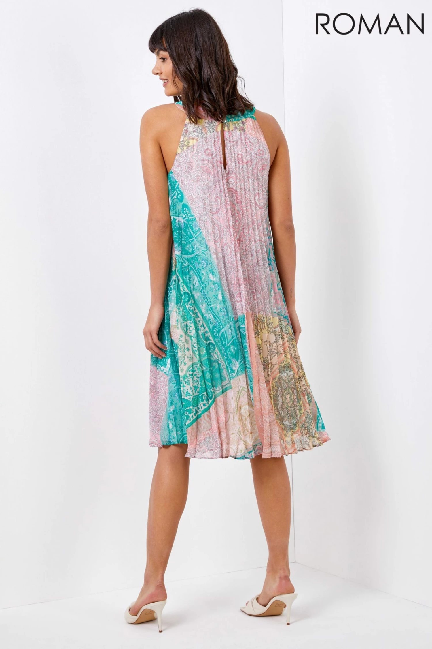 Roman Pink High Neck Paisley Pleated Swing Dress 5 Roman Pink High Neck Paisley Pleated Swing Dress - Image 3